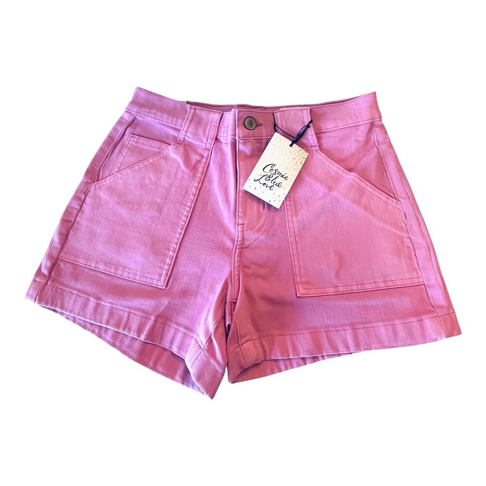 NEW Cosmic Blue Love Mid Rise Denim SHORT Womens 27/4 Pink Camelia Rose 5 Pocket
